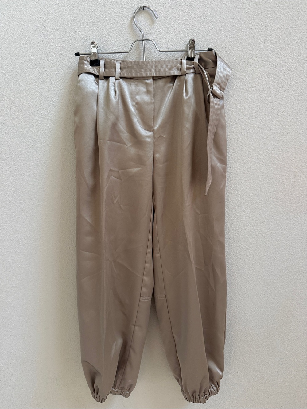 Maeve Anthropologie Satin Belted Jogger Pants Taupe Beige Size 0P Petite